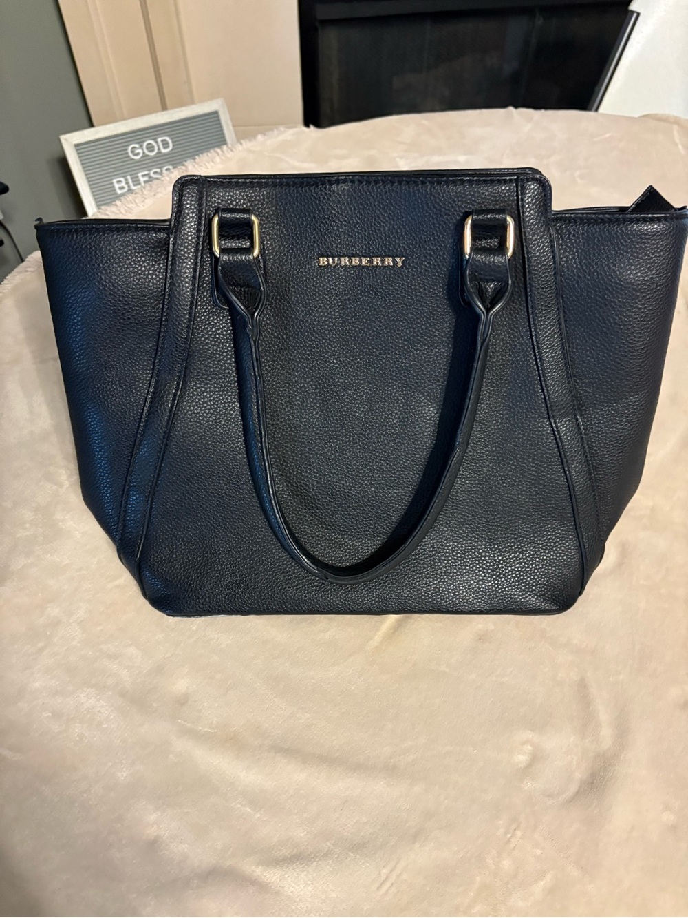 Burberry Black Pebbled Leather Tote with Gold Logo